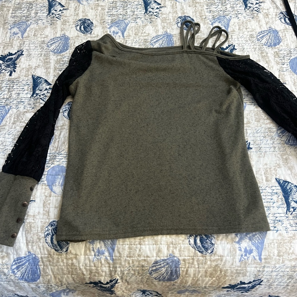 SHEIN Olive and Black Lace Sleeve Blouse